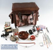 Fisherman’s Seat / Tackle Box in brown leather measures 37x37x25cm approx. containing various