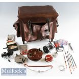 Fisherman’s Seat / Tackle Box in brown leather measures 37x37x25cm approx. containing various