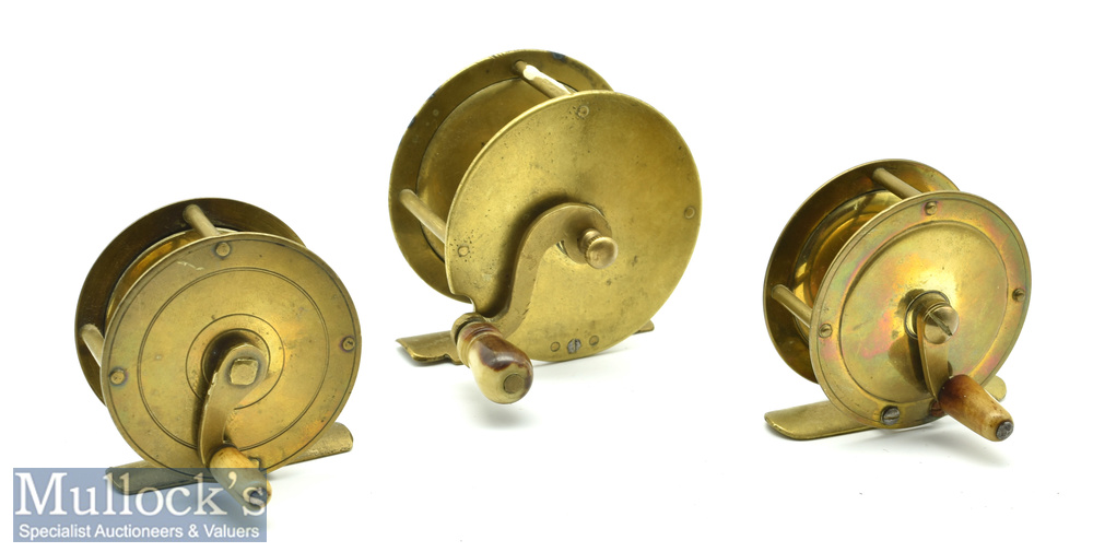 3x Various All Brass crank wind reels includes 2 3/4” with a filed foot, plus 2x 2 ¼” reels all with