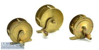 3x Various All Brass crank wind reels includes 2 3/4” with a filed foot, plus 2x 2 ¼” reels all with