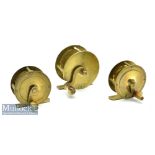 3x Various All Brass crank wind reels includes 2 3/4” with a filed foot, plus 2x 2 ¼” reels all with