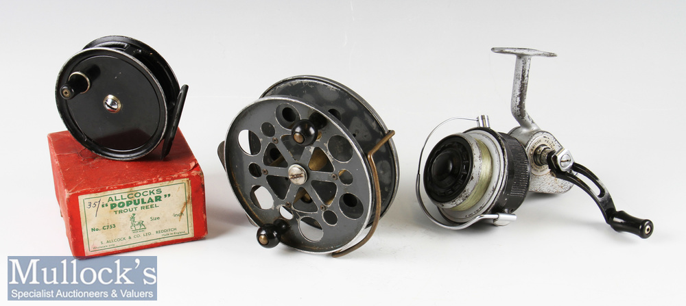 Selection of various Allcock Reels (3) – Makers boxed Allcocks “Popular” 3.25” black alloy trout fly