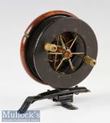 Unnamed 4” Coxon 4 spoke Aerial Reel - ebonite and wooden and brass star back c/w brass check button