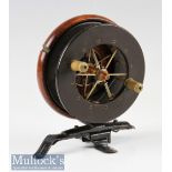 Unnamed 4” Coxon 4 spoke Aerial Reel - ebonite and wooden and brass star back c/w brass check button