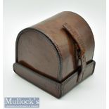 C Farlow & Co London leather D block reel case with maker’s details, personal initials to bottom,