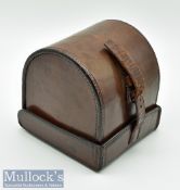 C Farlow & Co London leather D block reel case with maker’s details, personal initials to bottom,