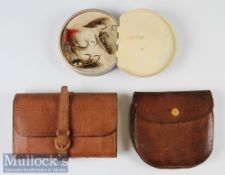 Hardy Bros England circular cast box containing Salmon flies, together with a Wheatley leather fly