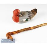 Hand Painted Wooden Duck Decoy and Retriever Head Walking Stick - the duck decoy has no maker’s