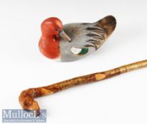 Hand Painted Wooden Duck Decoy and Retriever Head Walking Stick - the duck decoy has no maker’s