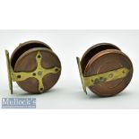 2x Wood and brass 3” centrepin reels one star back which runs smooth the other a strap back which