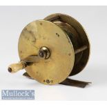 Vic brass crank wind wide drum salmon fly reel c1880 London - 3 ¼” x 1 ½” wide, with white handle,