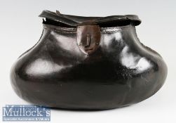 Rare leather pot-bellied fly fisherman’s creel c1790s - 11.25” x 6” h x 5.5” deep, with decorative