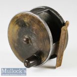 C Farlow & Co London 4 ½” brass and alloy plate wind reel pat 10527 wide drum exposed rim tensioner,