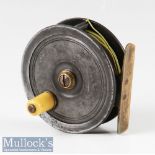 Early P D Malloch Perth 3” alloy fly reel in Uniqua style, smooth brass foot, white handle, constant