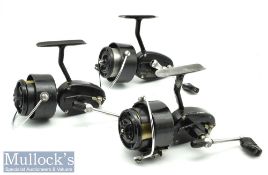 3x Mitchell 300 fixed spool reels all in black with full bail arms, all appear with minor signs of