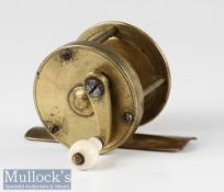 Interesting Vic Brass multiplier reel c1880 - 1 ¾” x 1 ½” with curved crank wind arm c/w white