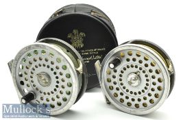 2x Hardy Bros England Marquis #8/9 alloy fly reels both with alloy smooth feet, U shaped line