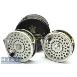 2x Hardy Bros England Marquis #8/9 alloy fly reels both with alloy smooth feet, U shaped line