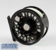 Fine Abel Super 5 Black Salmon fly reel stamped 22870 Made in USA to the foot and engraved to the