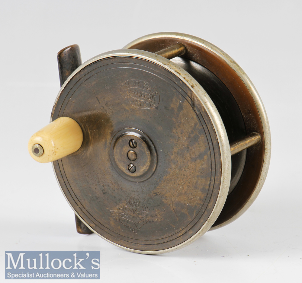 Early Hardy Bros Alnwick brass, ebonite and nickel plated rim fly reel – 3” dia stamped with