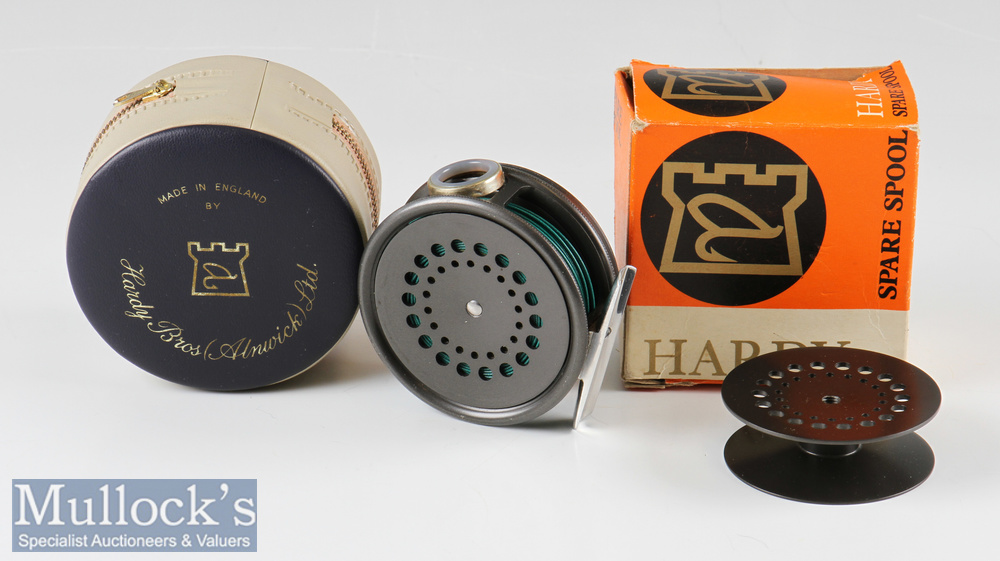 Fine Hardy Bros England The Perfect 3 1/8” alloy fly reel and spare spool (2) – with smoke agate