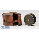 C Farlow & Co London 3” brass plate wind fly reel in maker’s leather D shaped reel case c1890 - with