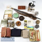 Interesting box of various fishing accessories, reels booklets, rod bags, et al - notably fine