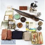 Interesting box of various fishing accessories, reels booklets, rod bags, et al - notably fine