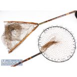 2x vintage Decorative Mottled Bamboo long handled trout size landing nets – one is fitted with screw