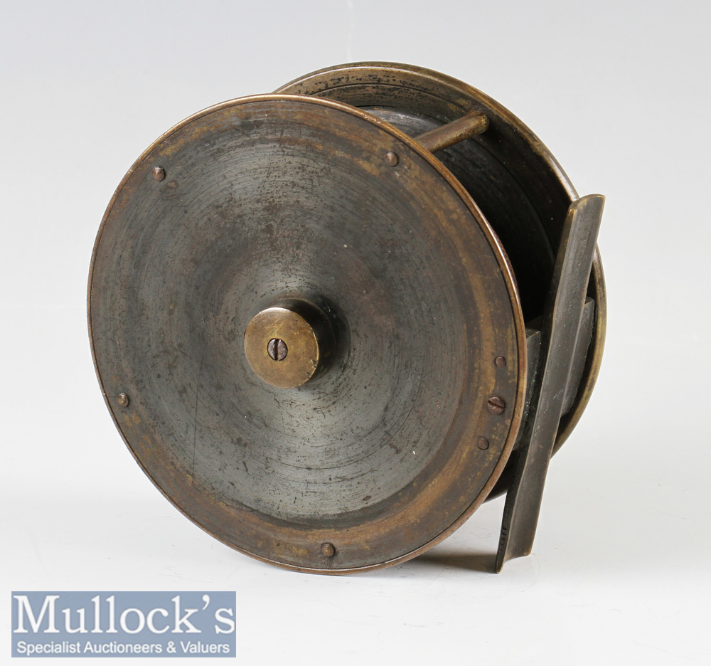 Rare Reuben Heaton’s Pat 3250 4 ½” all brass reel with large horn handle, 4 pillar construction, - Image 2 of 2