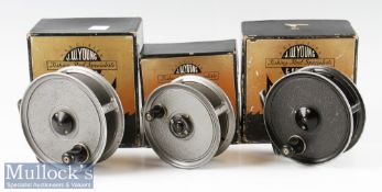 J W Young & Sons Pridex model fly reels (3) to include 4” wide drum Pridex slight wobble/play to