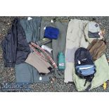 Collection of water proof trousers assortment fishing accessory bags, back packs, waist belts