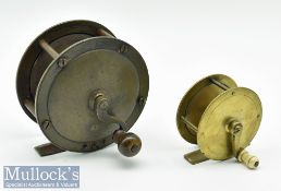 Early unnamed large crank wind brass salmon fly reel c1850s – 4” dia with domed end plated –