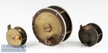3x various brass/ebonite/nickel silver and brass reels – Carter & Co London “SEJ” style brass,