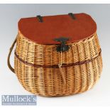 Interesting large pot-bellied wicker fishing creel– fitted with solid wooden lid with early brass