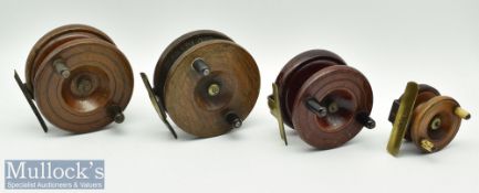 Collection of various Nottingham wooden and brass/metal strap back reels (4) – sizes incl 3.5”