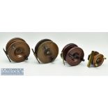 Collection of various Nottingham wooden and brass/metal strap back reels (4) – sizes incl 3.5”