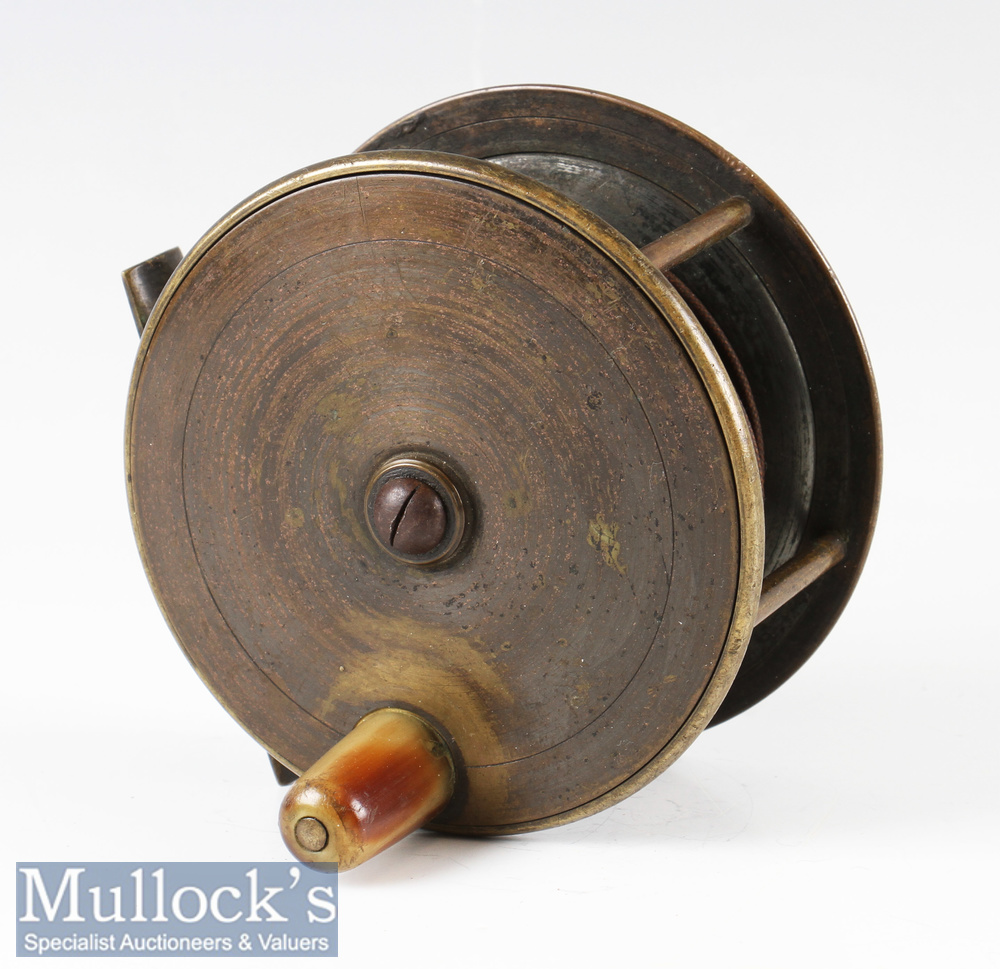 Rare Reuben Heaton’s Pat 3250 4 ½” all brass reel with large horn handle, 4 pillar construction,