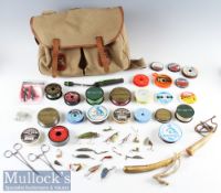 Good Brady Canvas and leather fishing tackle bag with large quantity of nylon fishing line spools,