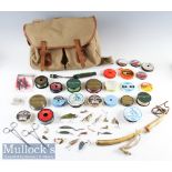 Good Brady Canvas and leather fishing tackle bag with large quantity of nylon fishing line spools,