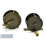 2x Early Brass crank wind fly reels 2 ½” example with wooden handle, stamped Made in England, the