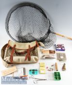 Good Hardy’s large canvas and leather fishing tackle bag and contents and a fine legal landing net