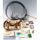 Good Hardy’s large canvas and leather fishing tackle bag and contents and a fine legal landing net