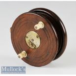 Early 4” Nottingham wood and brass star back reel with fish tail brass back, slipper drum latch