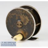 P D Malloch Perth 3 ½” brass and ebonite fly reel with nickel silver rims, smooth bridged foot,