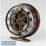 Allcock Improved Coxon Aerial 3 ¾” centrepin reel with brass lined mahogany back plate, calliper