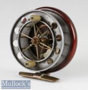 Allcock Improved Coxon Aerial 3 ¾” centrepin reel with brass lined mahogany back plate, calliper