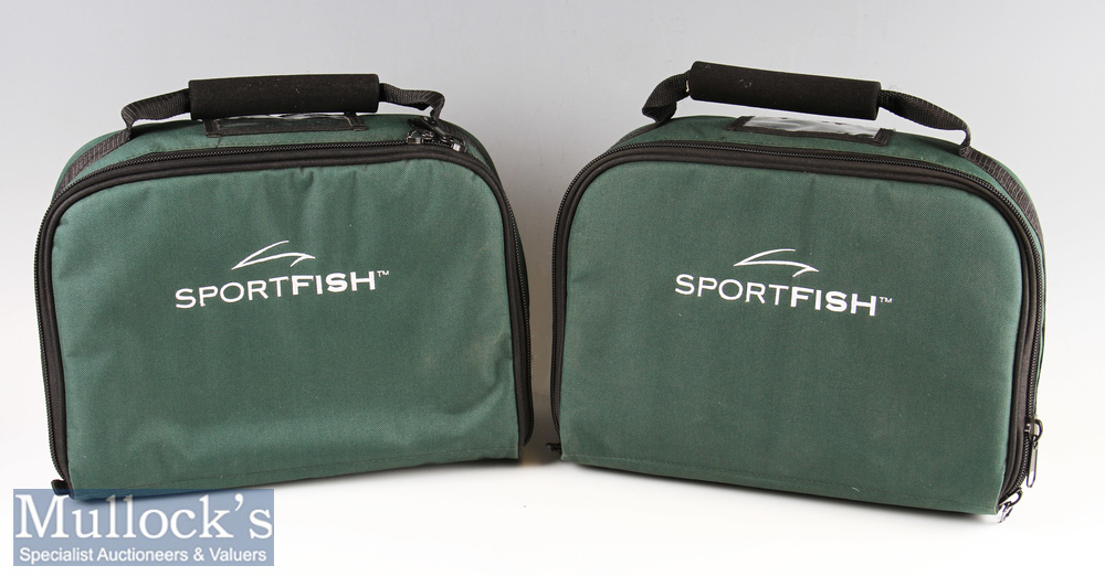 2x Sportfish green canvas multiple reel carrying cases – both with adjustable compartments to hold