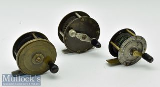 Collection of various unnamed brass and tin plate fly reels (3) – 2.25” Birmingham plate wind,