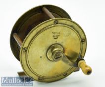 Early Wells Maker Edinburgh brass crank wind salmon fly reel c1870s – 3” dia with curved crank arm